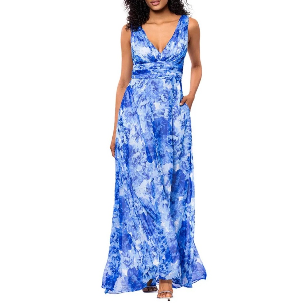 NWT Betsy & Adam Size 8 Chiffon Floral Print V-Neck Sleeveless A-Line Gown